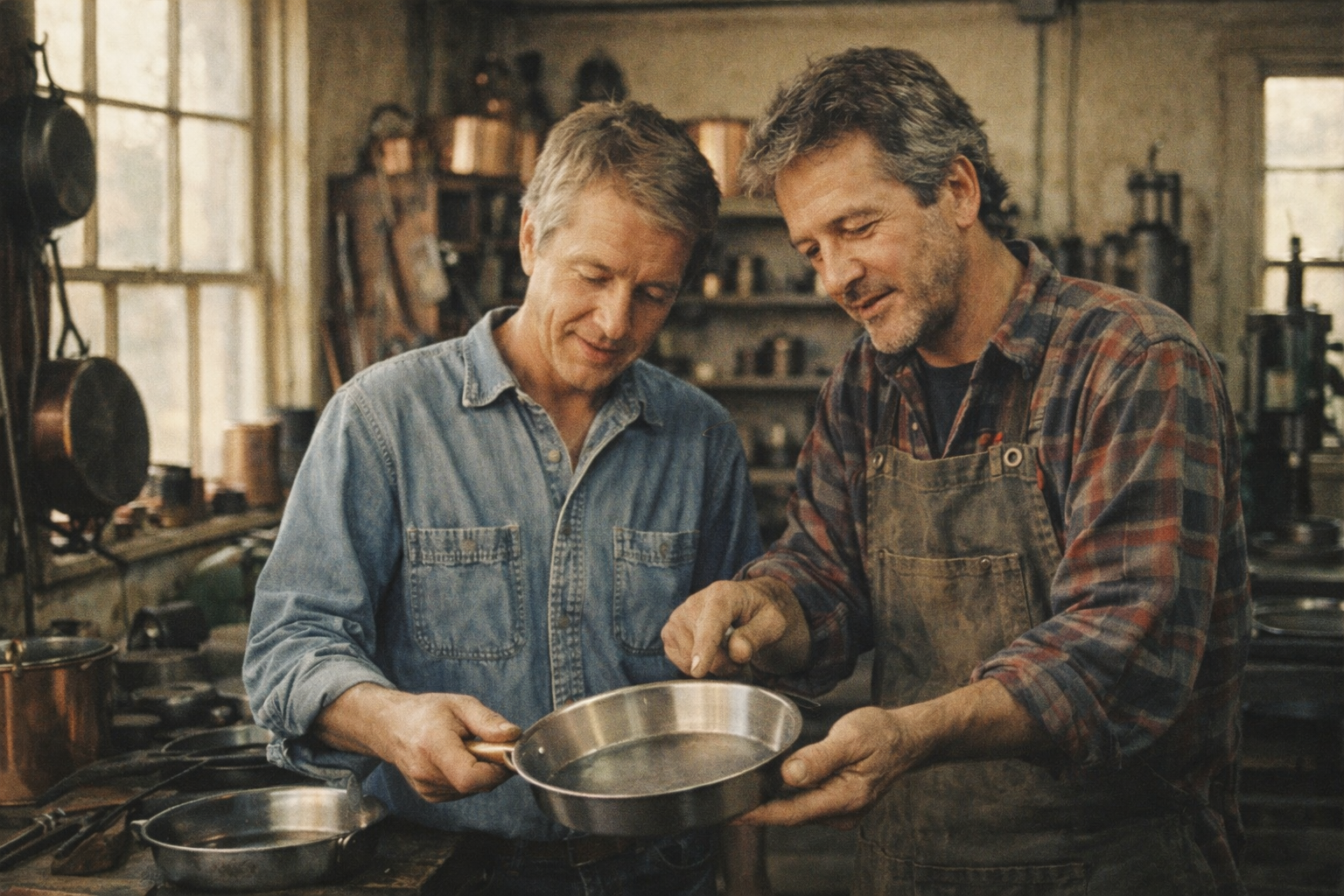 Paul (links) und Marc (rechts) in ihren jungen Jahren, wie sie ihre ersten Pfannen in ihrer kleinen Werkstatt testen.
