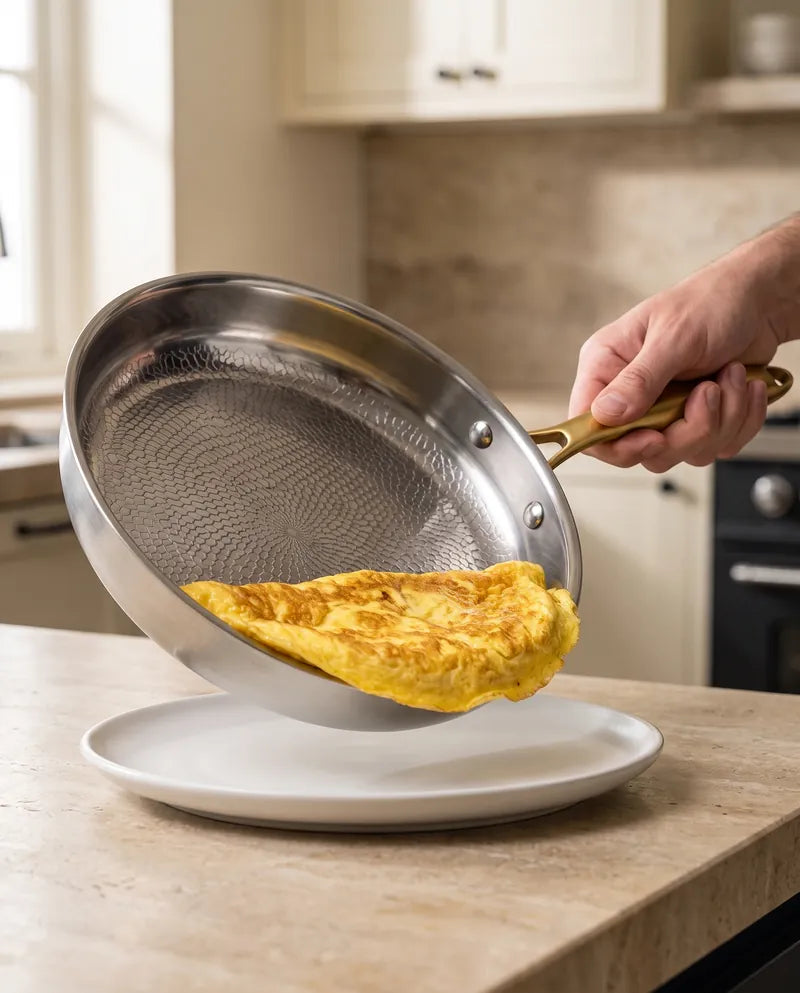 Een omelet die moeiteloos uit de titanium pan op een wit bord glijdt