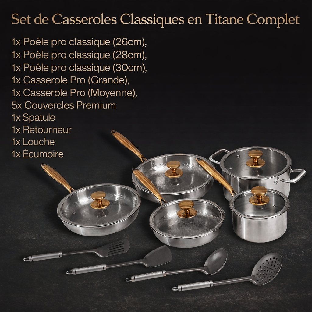 Batterie de cuisine classique complète en titane (14 pièces) 