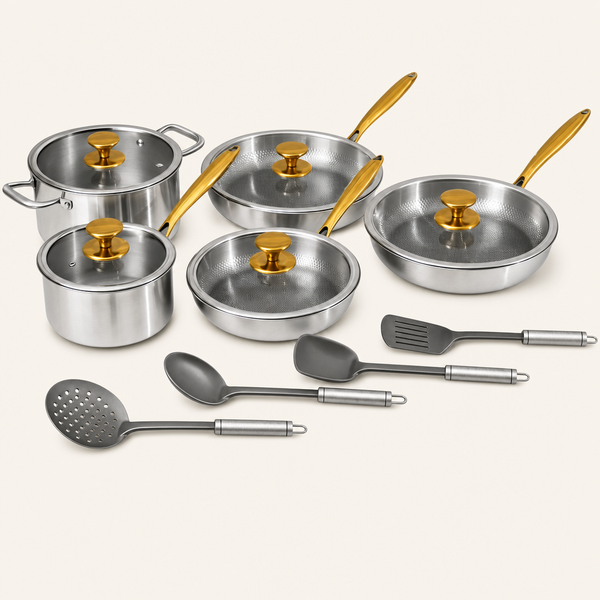 Vue d'ensemble de Batterie de cuisine complète Signature en titane (14 pièces)