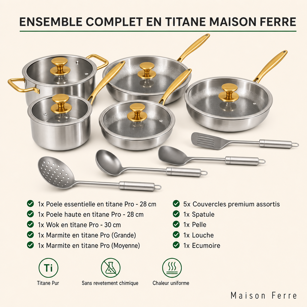 Batterie de cuisine complète Signature en titane (14 pièces) – vue détaillée