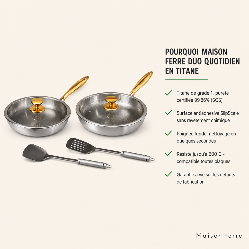 Set Duo Quotidien de Poêles en Titane Pur (6 pièces) – gros plan sur le titane pur