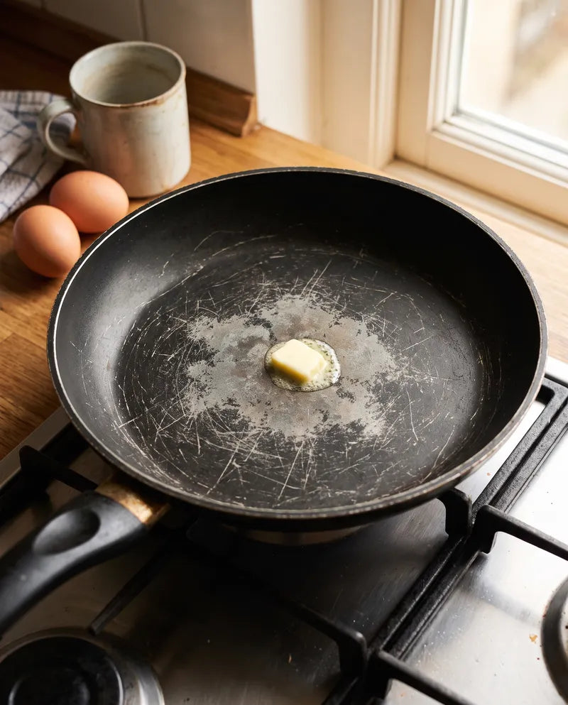 Een gewone antiaanbakpan met een bekraste, verbleekte bodem, smeltende boter erin en eieren klaar naast het fornuis